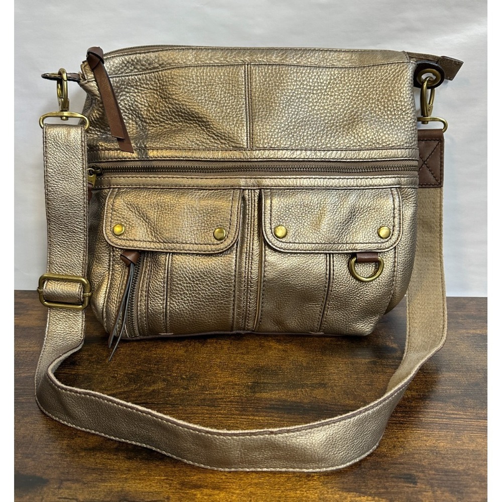 Fossil Metallic Bronze Pebbled Leather Utility Crossbody Bag Multi Pocket Large - Picture 3 of 16